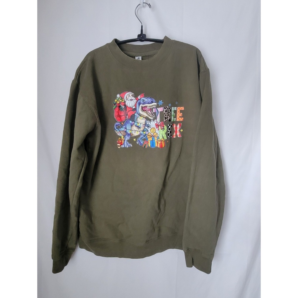 Independent Trading Co. Men's Olive Green Christmas T-Rex Pullover Sweatshirt